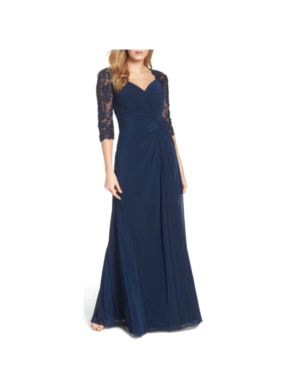 La Femme 23244 Ruched Twist Evening Dress Sz 10 Navy Lace Sleeve Column Gown